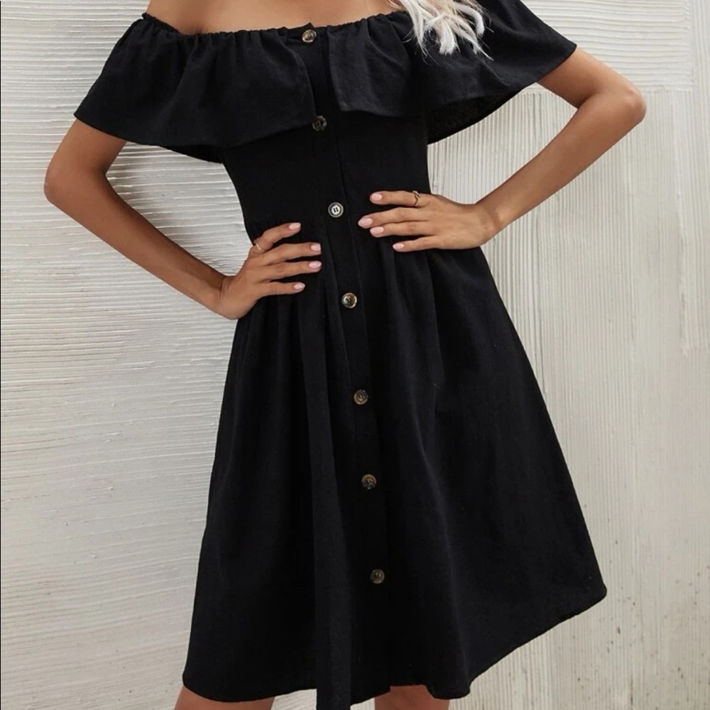 Black Off the Shoulder Button Up Midi Dress